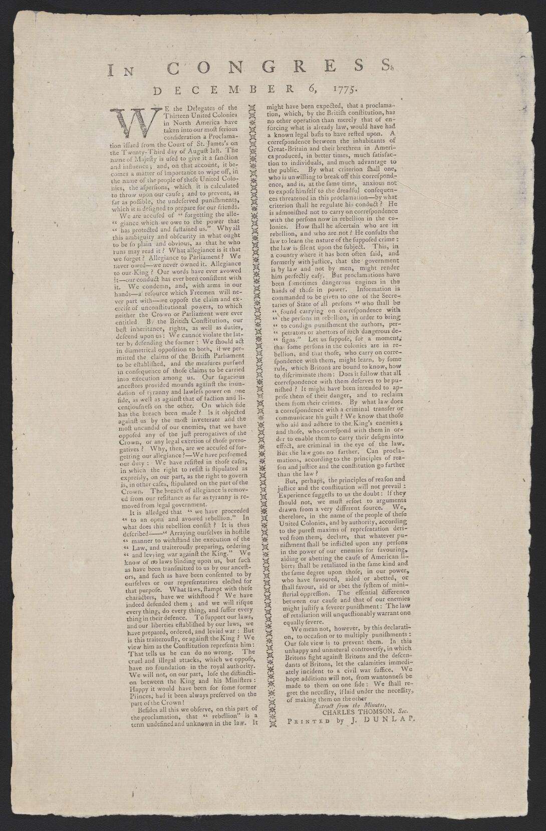 Broadside of Declaration by the Continental Congress in Response to the King's Proclamation Regarding Allegiance to Great Britain