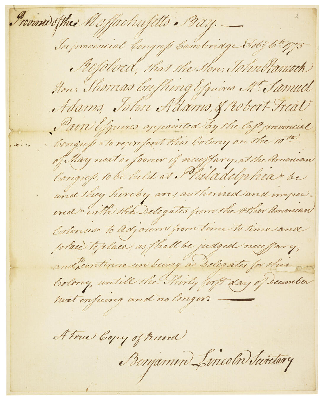 Credentials of John Hancock, John Adams and Samuel Adams as Massachusetts Delegates to the Second Continental Congress