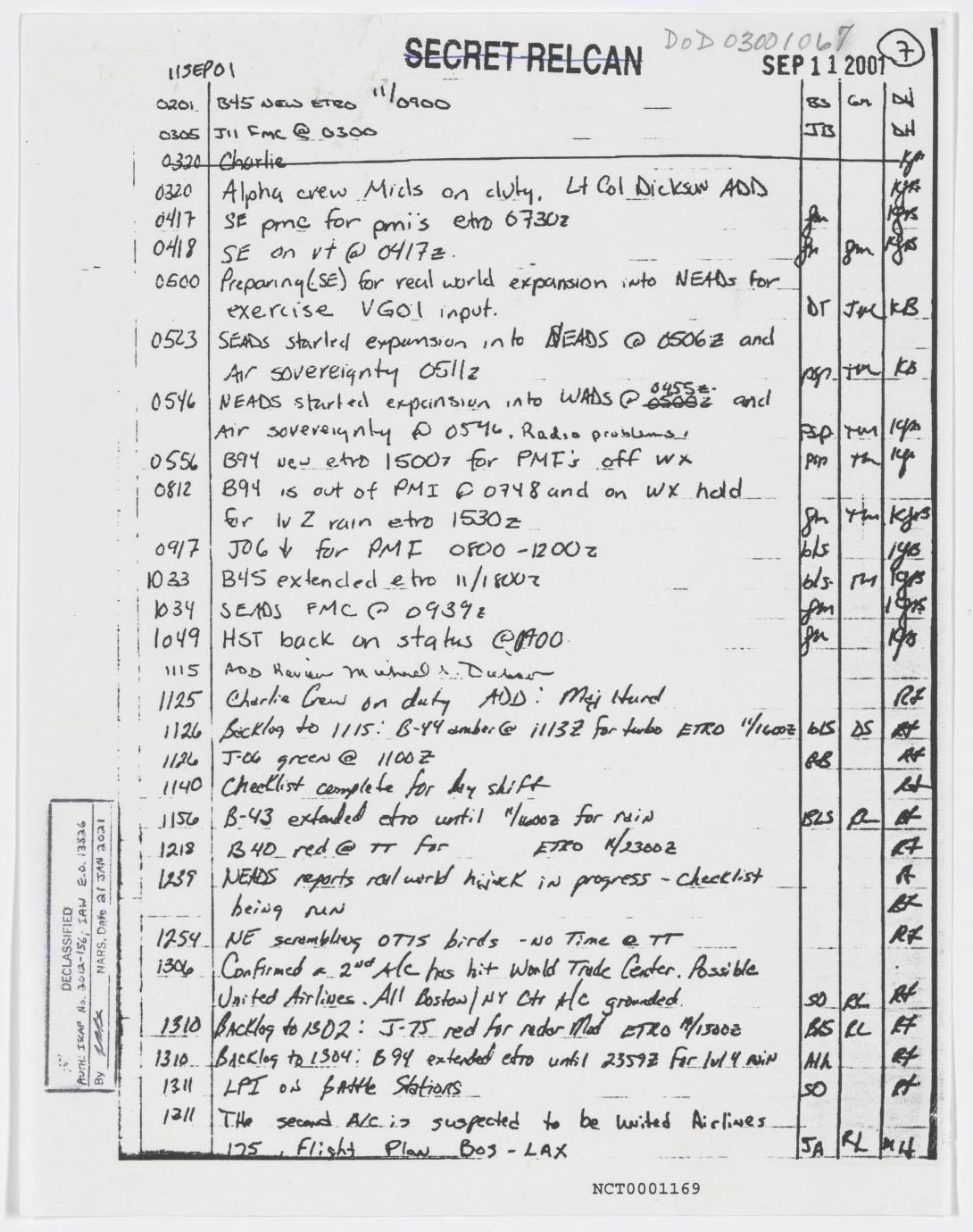 This logbook page captures the moment that operators realized the hijackings were taking place. After the attack, the Federal Aviation Administration submitted these documents to Congress, which became a crucial part of investigations. The page was recently declassified.