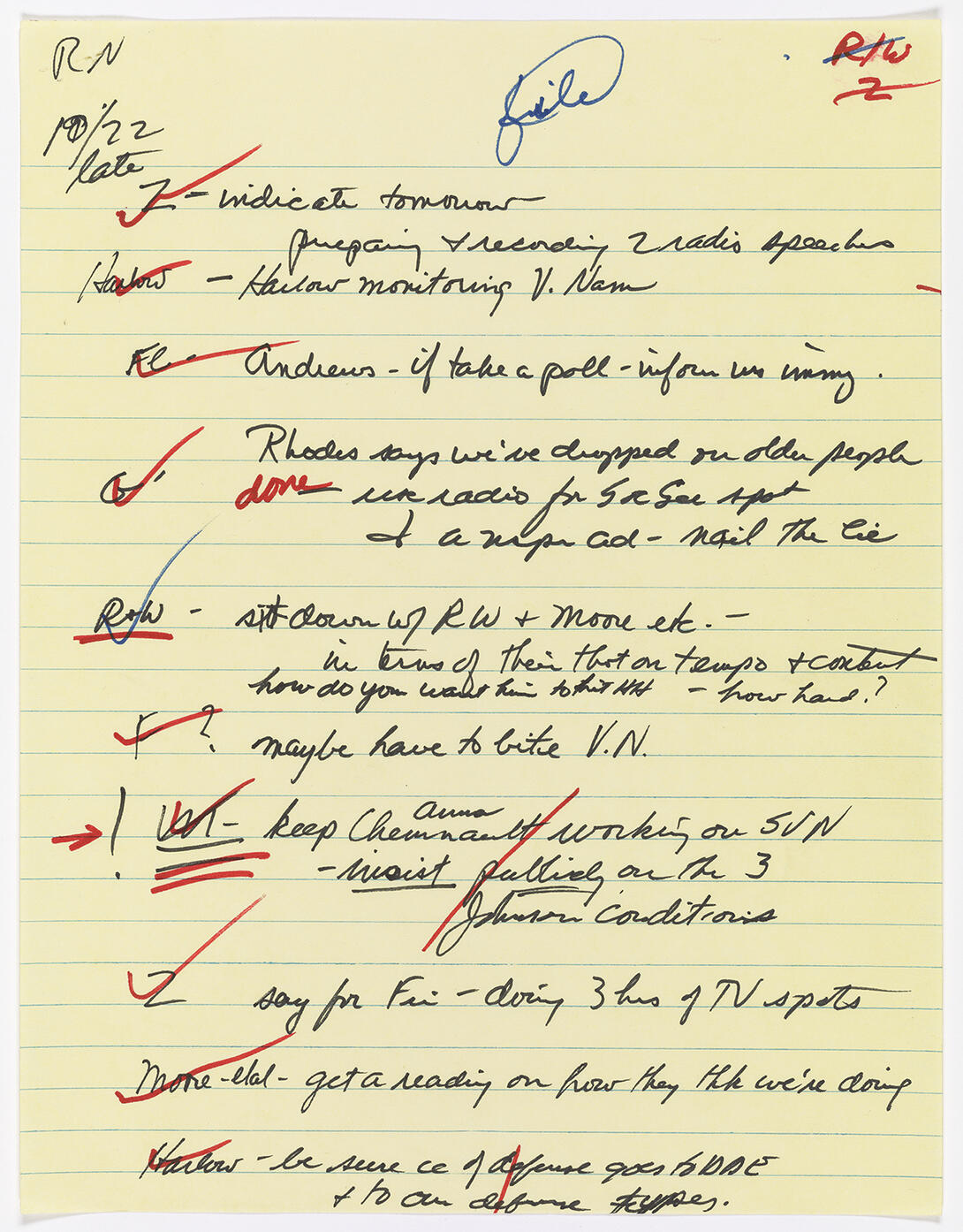 Yellow legal pad sheet with handwritten notes in black ink with red checkmarks