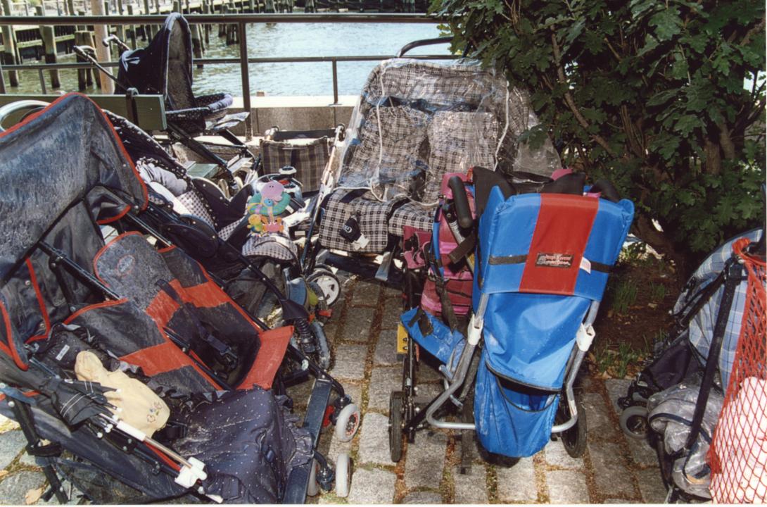 Abandoned strollers are seen on September 11, 2001 in New York City