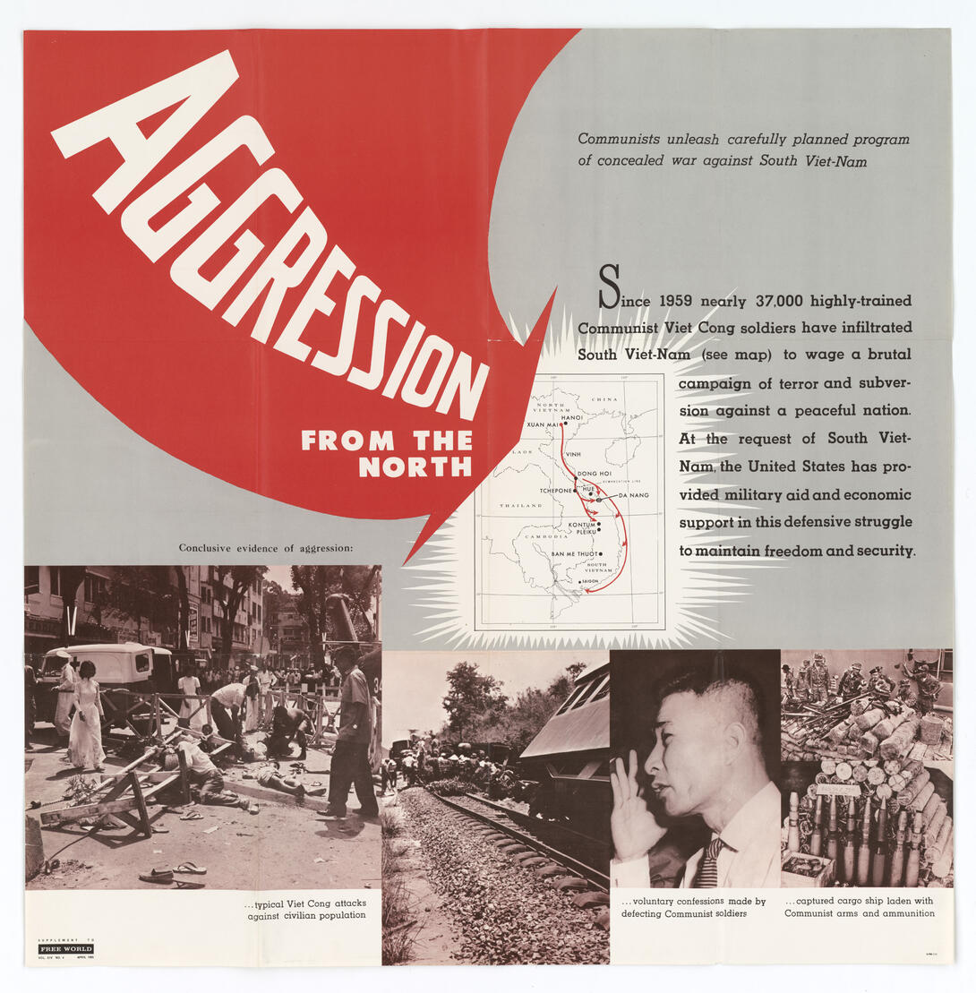 Red and gray poster with photographs, map and red text that reads "Aggression from the North"