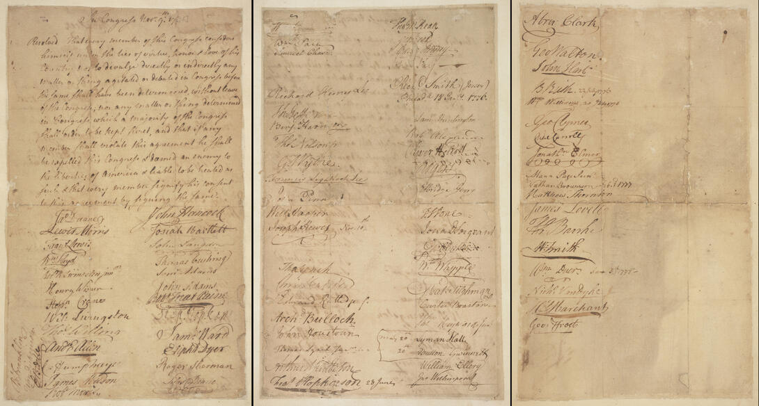 Cream three-page document with black handwritten text