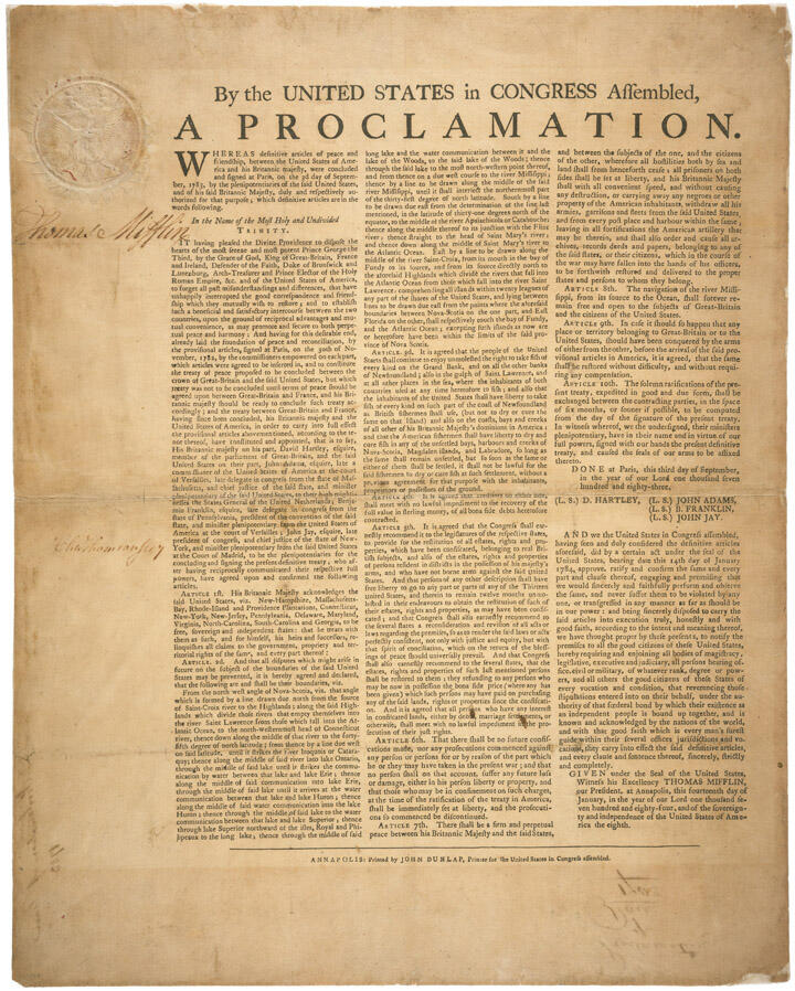 Tan broadside document with three columns of black printed text, a seal in the upper left corner, and a handwritten signature.
