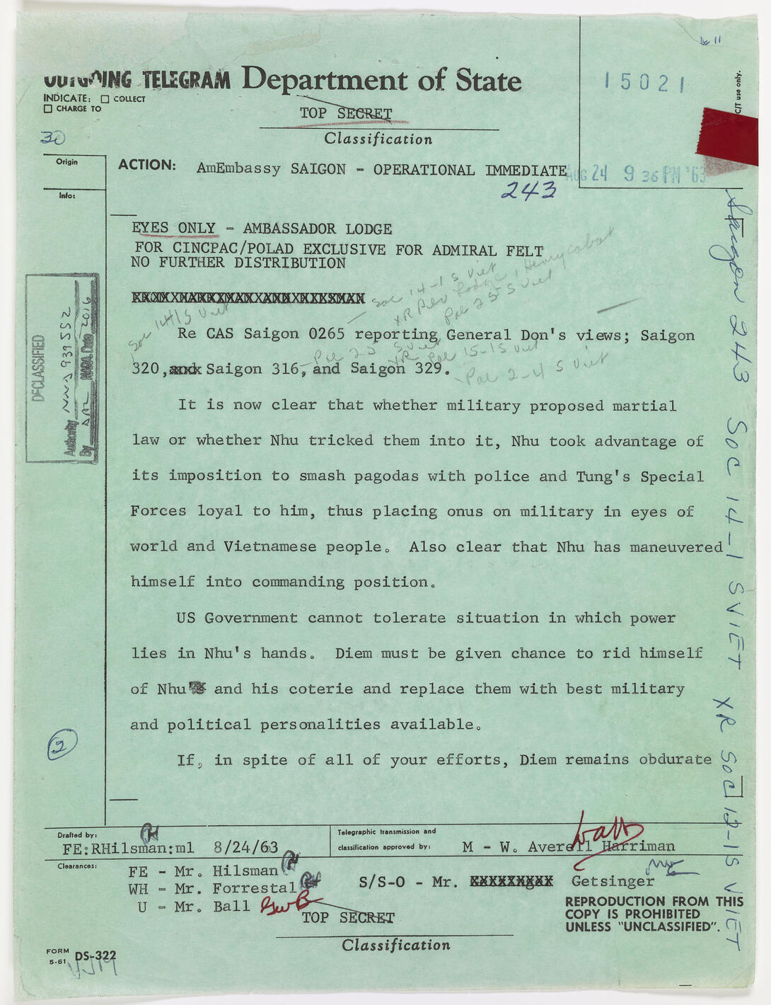 Blue document with black typewritten text, red notations, and words "Top Secret" crossed through at top.