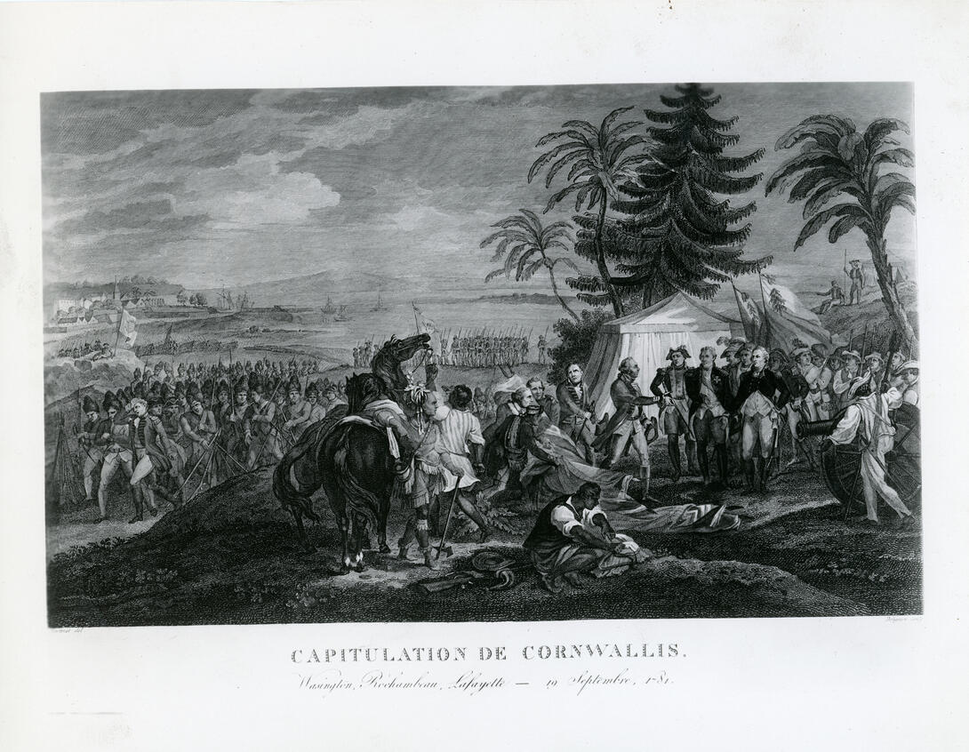 Engraving of soldiers on a field meeting in front of a tent. Horses in the foreground and palm trees in the background.