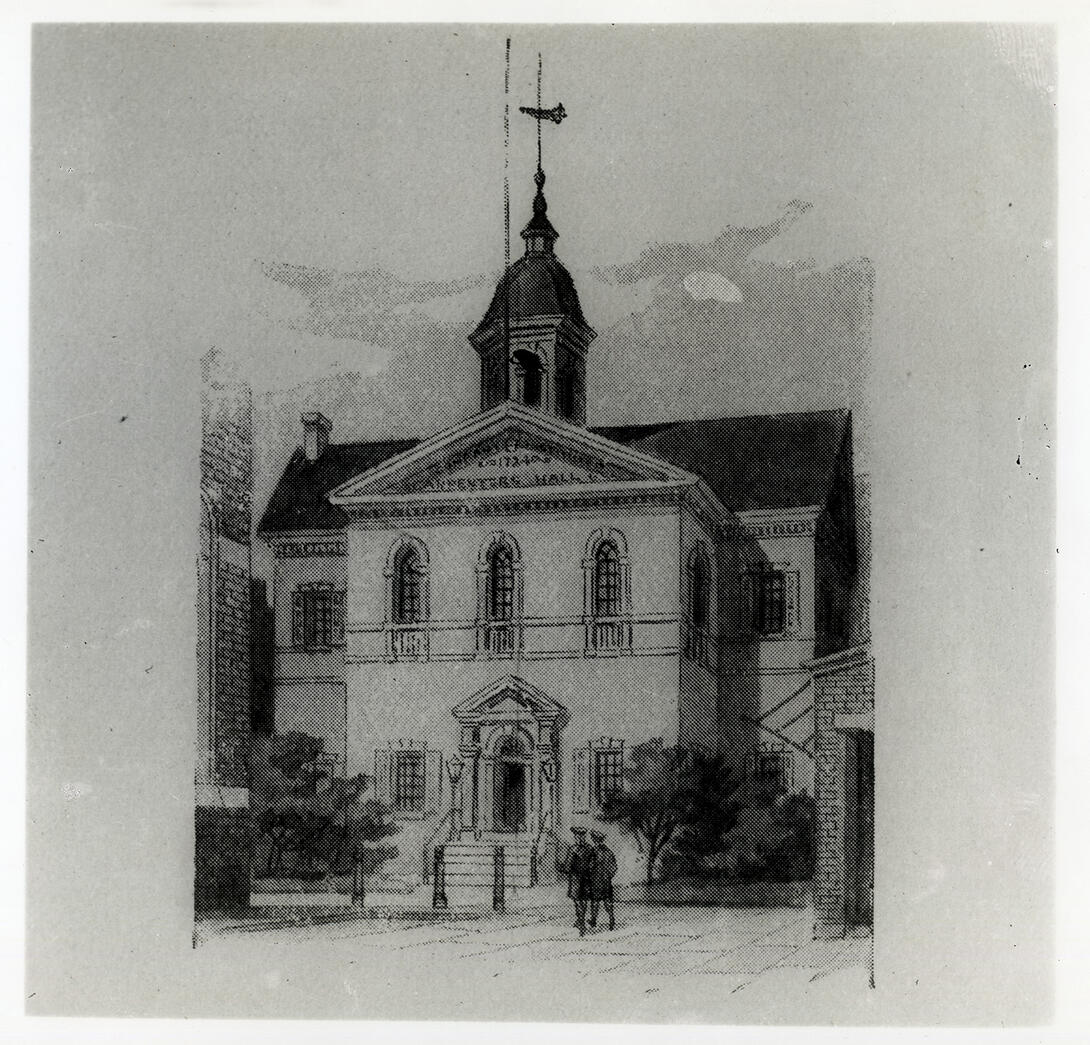 Black and white illustration of building with cupola on top and men standing in the foreground.