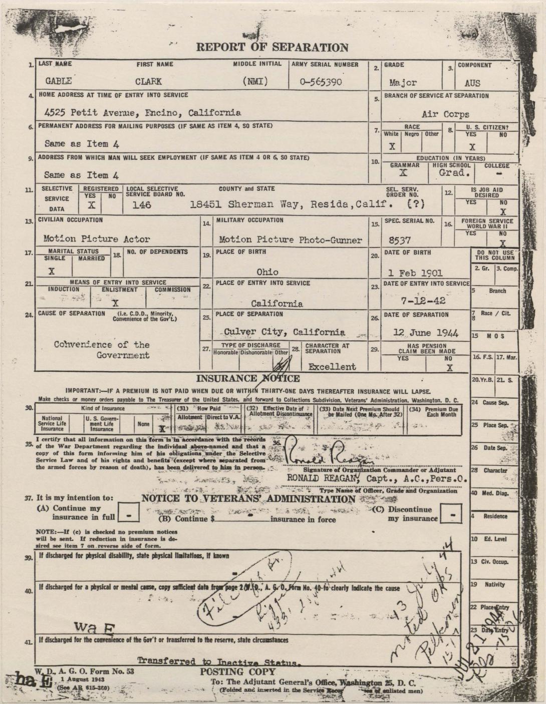 Clark Gable's Report of Separation, signed by Captain Ronald Reagan, June 12, 1944.