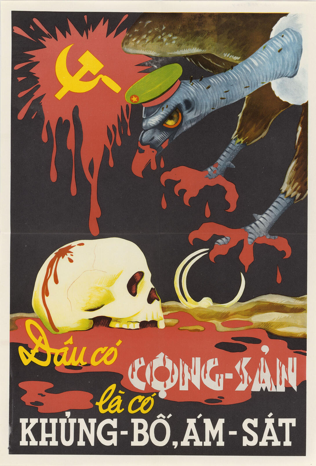Full color poster of bird with blood on talons reaching towards a skull with Communist logo and Vietnamese text