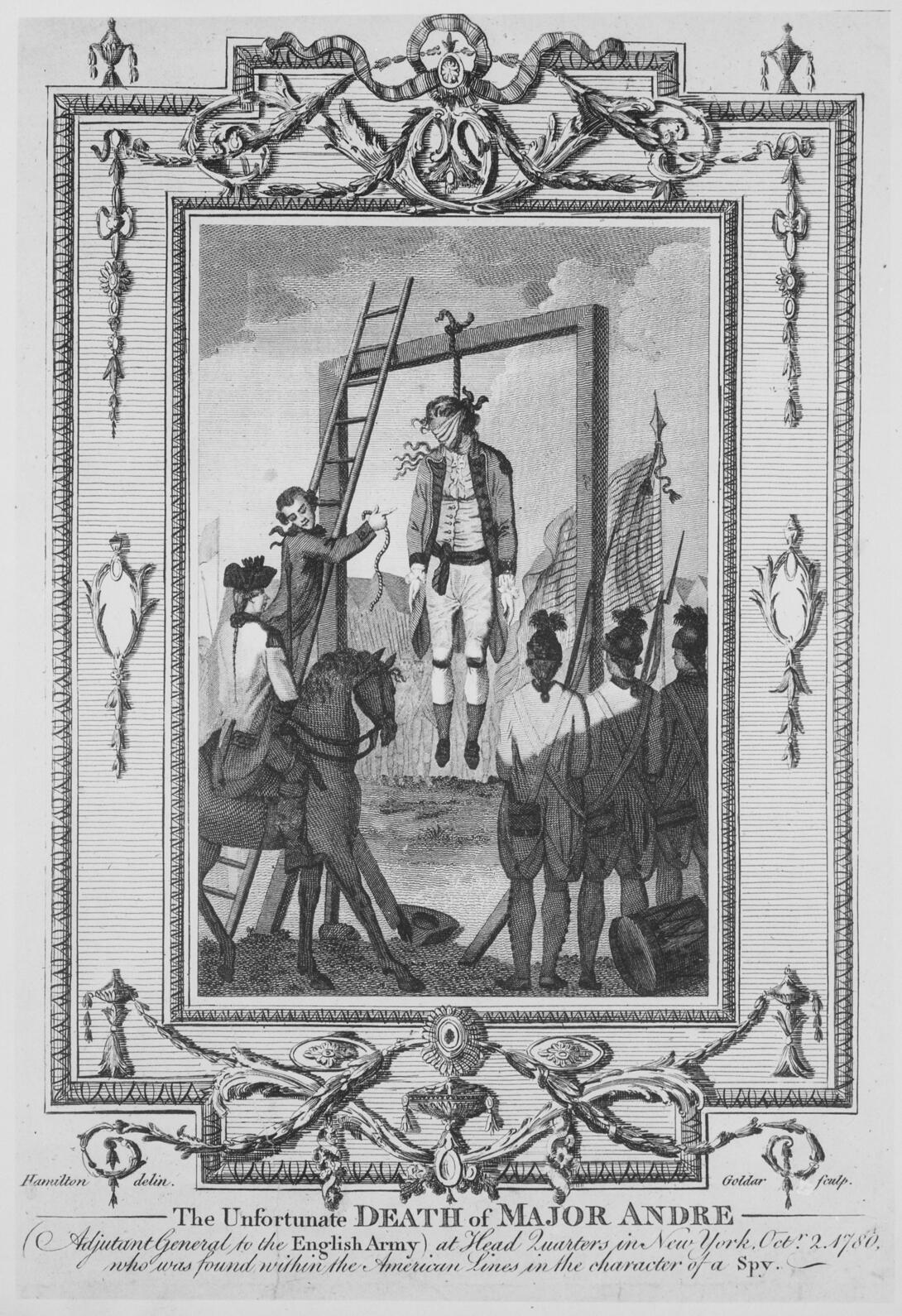 Black and gray illustration of man hanging on gallows with other men in foreground