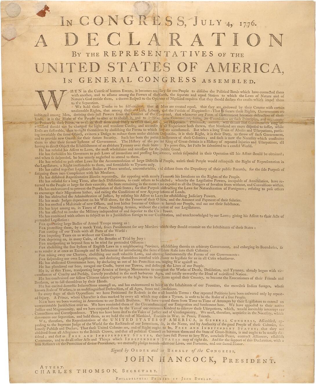 Dunlap Broadside of the Declaration of Independence, July 4–5, 1776