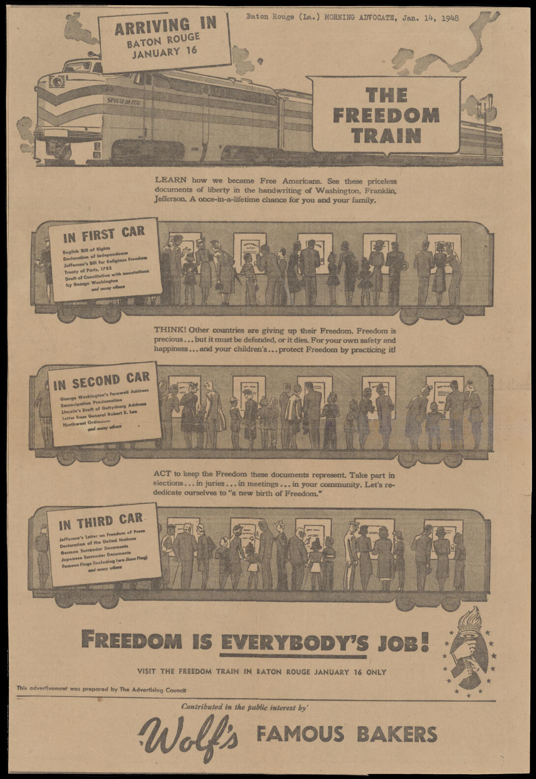 Newspaper article advertising the Freedom Train