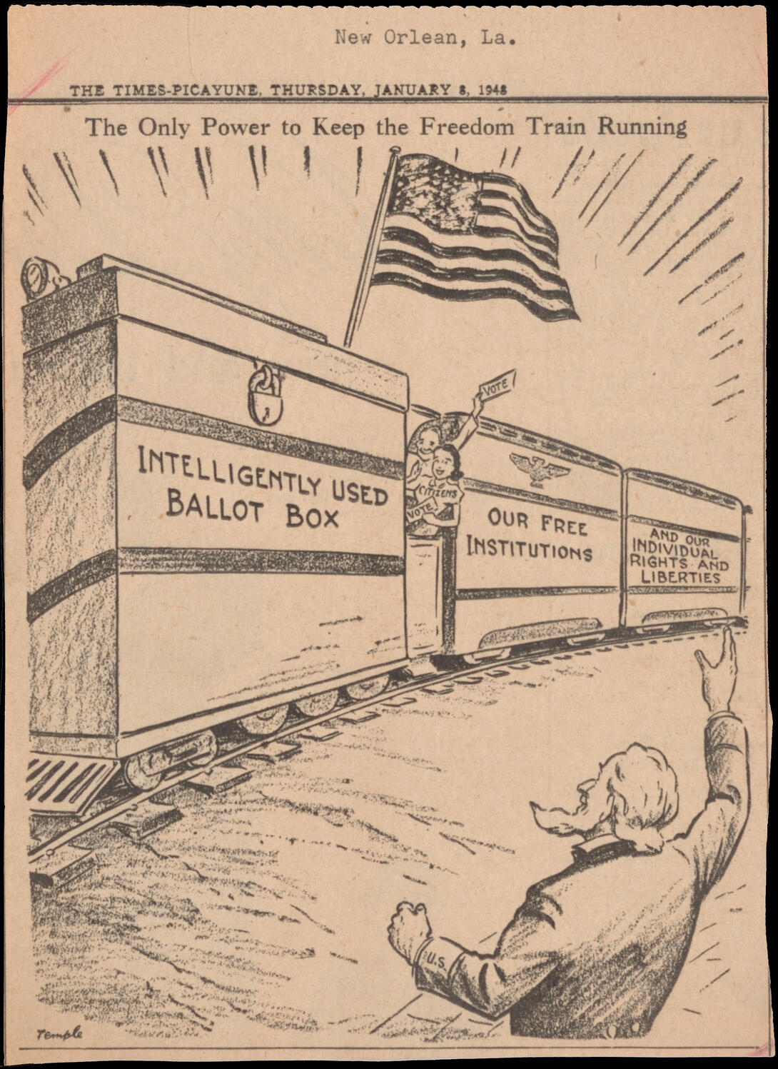 Newspaper cartoon showing a ballot box, American flag, and Uncle Sam.