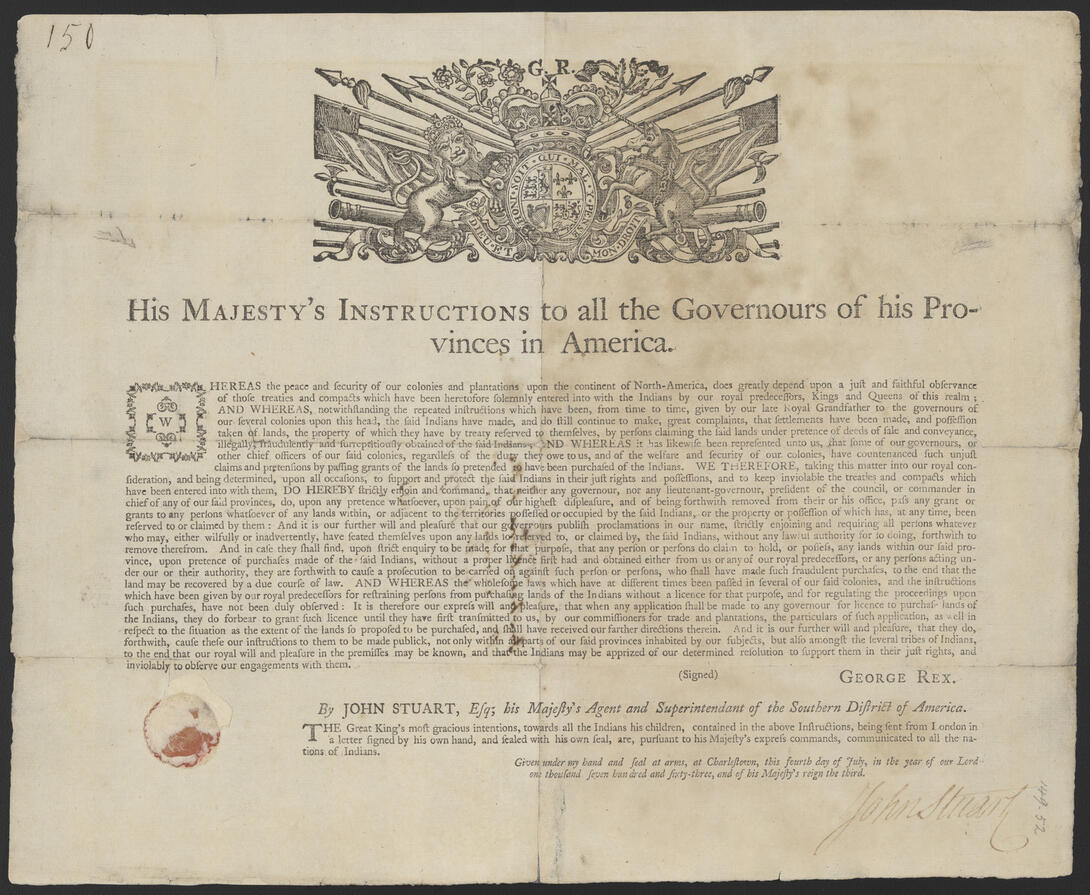 Broadside that includes text titled "Instructions to all the Governours of his Provinces in America"