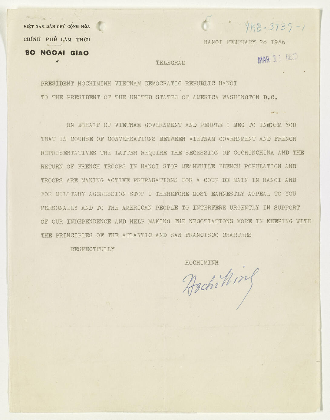 Cream document with black typewritten text, signature, and handwritten annotations at top right.