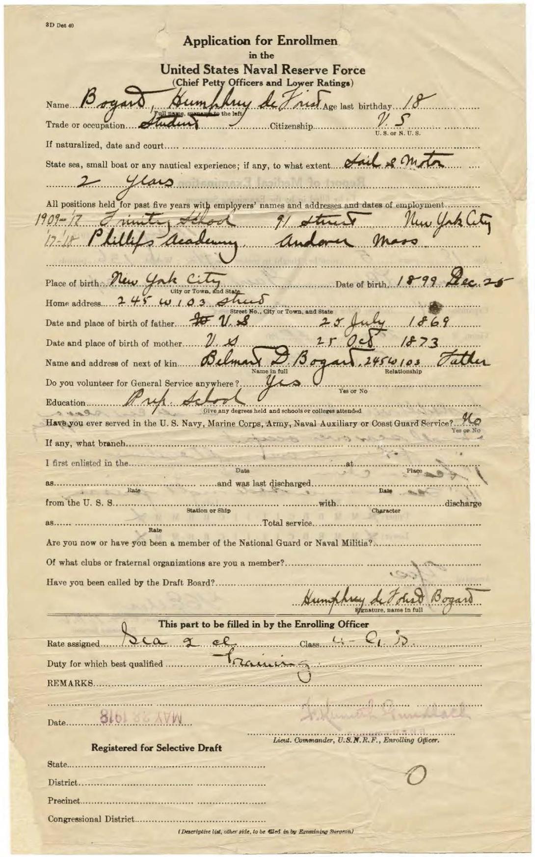 Humphrey Bogart’s Application for Enrollment in the United States Navy Reserve Force, May 28, 1918.