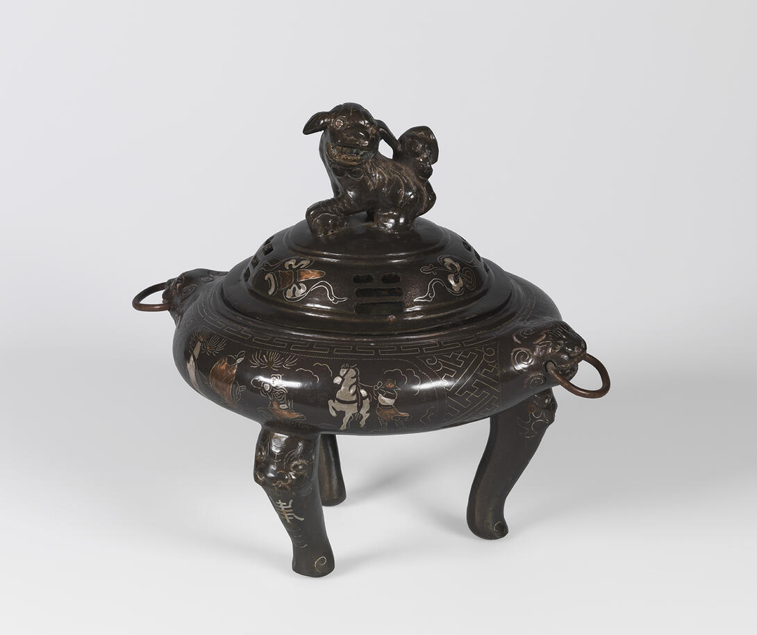 Bronze incense burner with inlaid lacquer, shell, nacre traditional motifs 