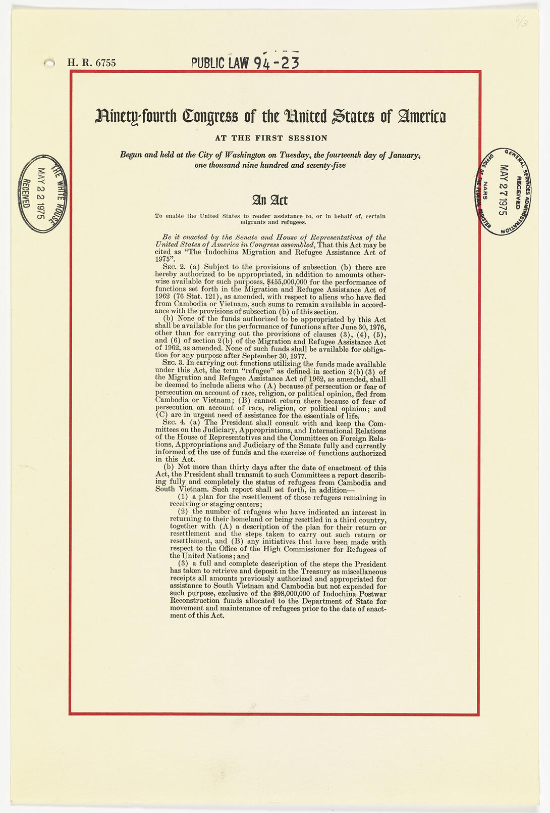 Cream document with red line, black typewritten text, and black stamps
