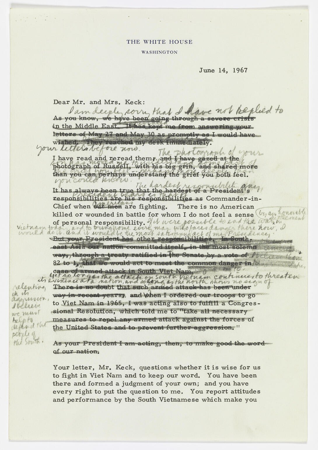 Draft of typewritten letter with mark-ups and handwritten text