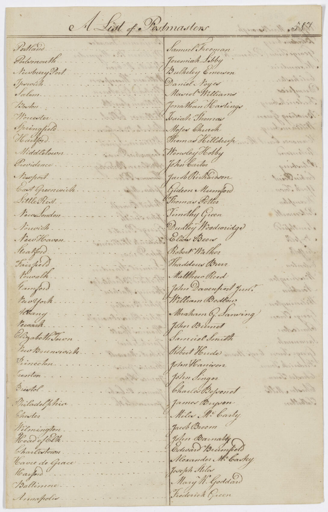 Tan document with two column lists handwritten in black ink.