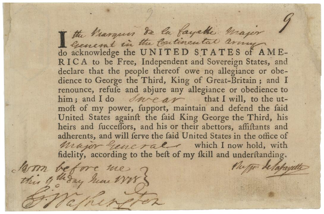 Marquis de Lafayette's Oath of Allegiance, June 9, 1778