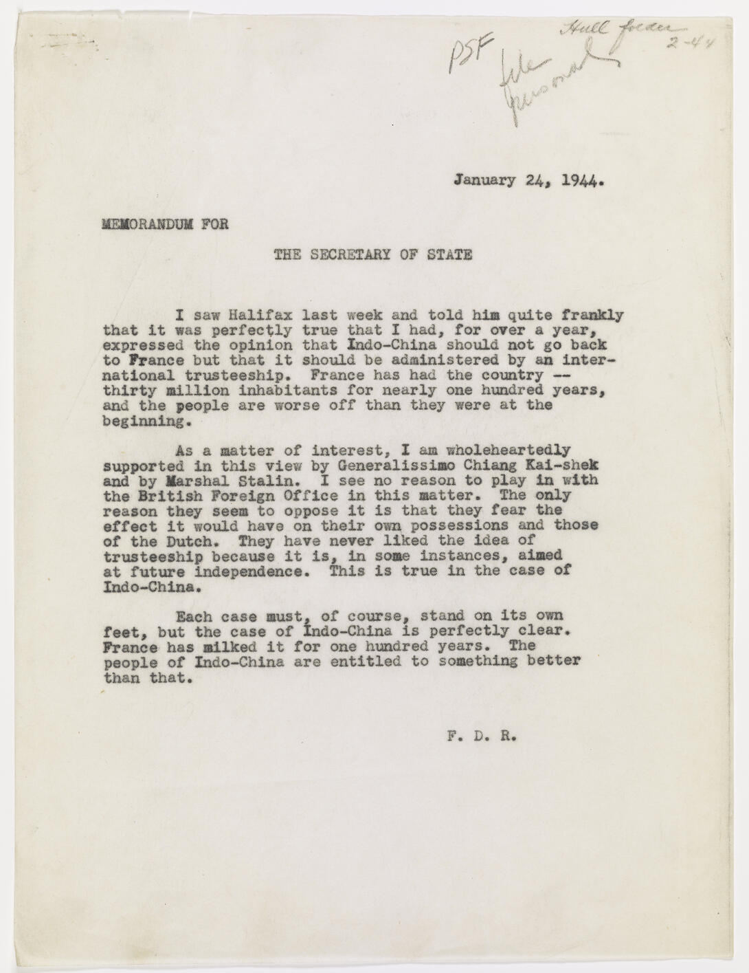 Cream document with typed text and handwritten annotations in the top right corner.