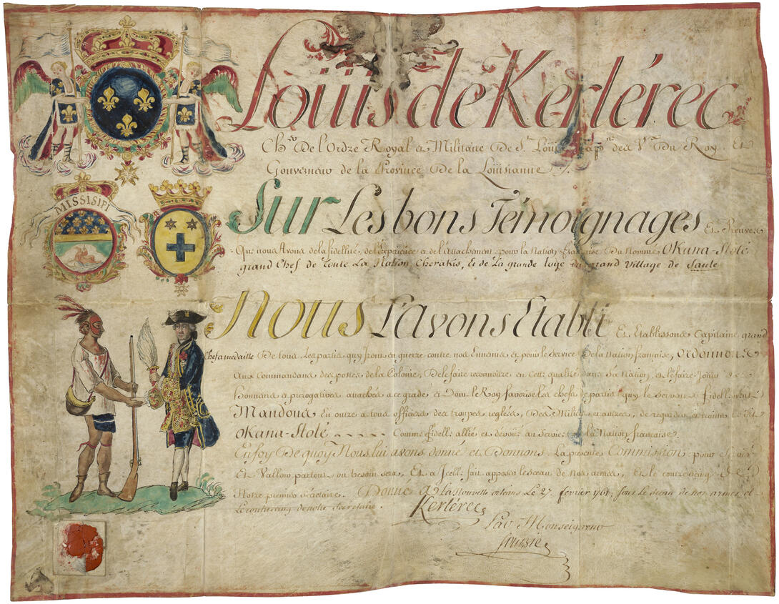 Tan document will colorful illustrations of heraldry and two individuals, a Native American and a French soldier, greeting each other. Handwritten text in French.