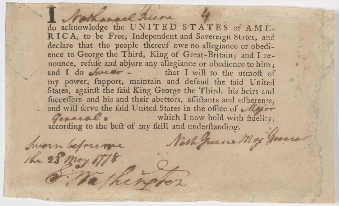Nathanael Greene's Oath of Allegiance from 1778