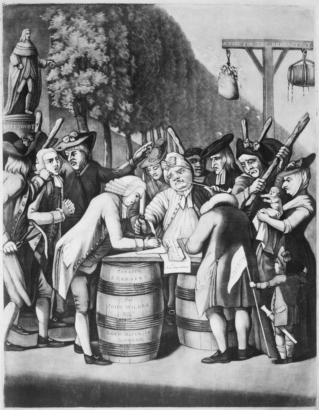 Black and white political cartoon depicting men and women standing around writing a document, with a gallows in the background.