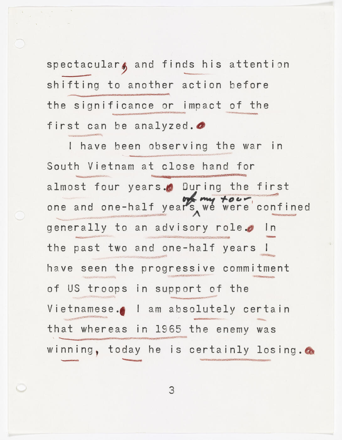 Typed document with red and black handwritten markups