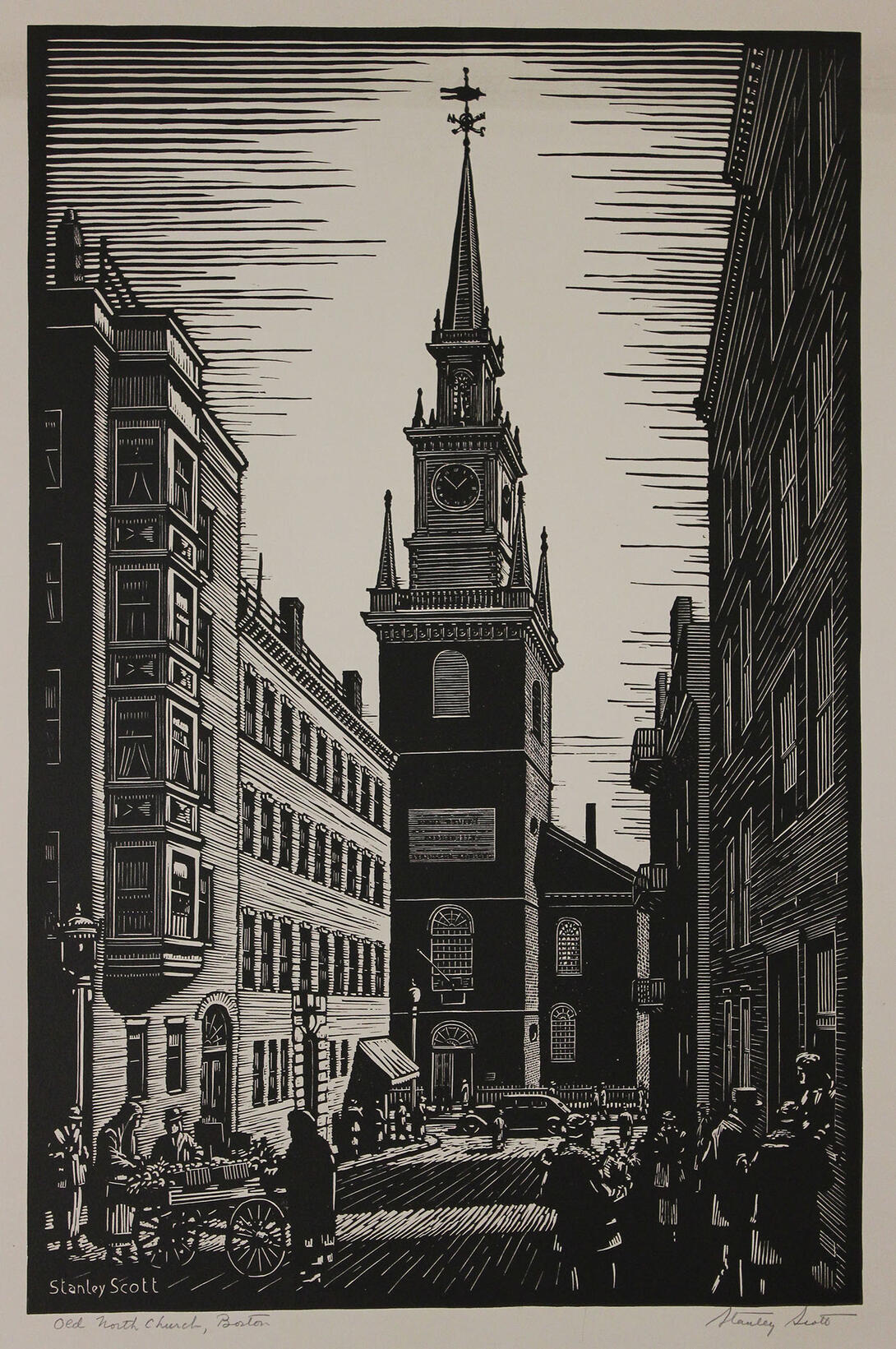 Linocut image of church with steeple set among city buildings with people in the streets.