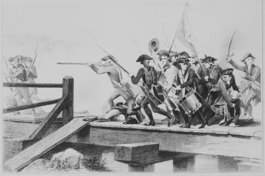Black and white illustration of soldiers on a bridge