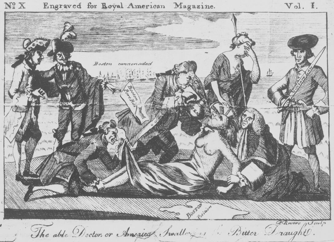 Political cartoon shows British officials pouring tea down the throat of a Native American woman