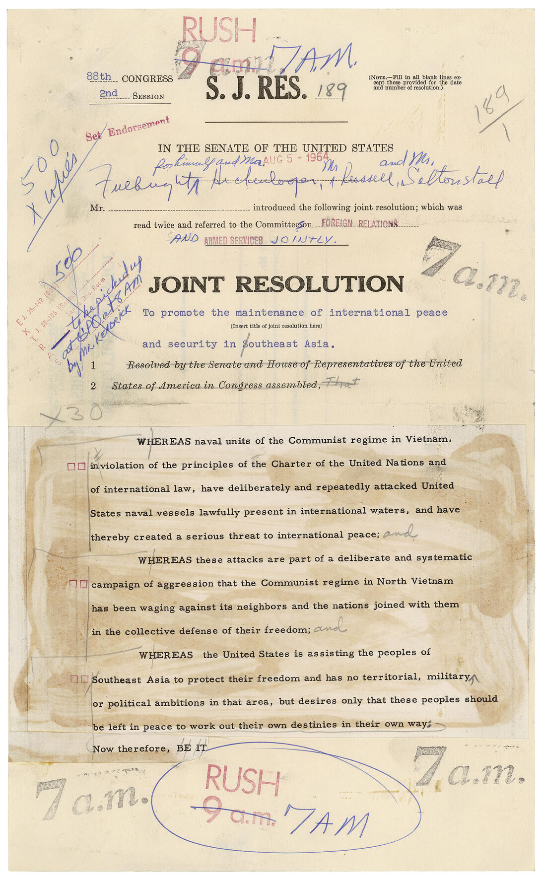 Cream document with black typewritten text, red and black stamps, and blue and black hand-written mark-ups