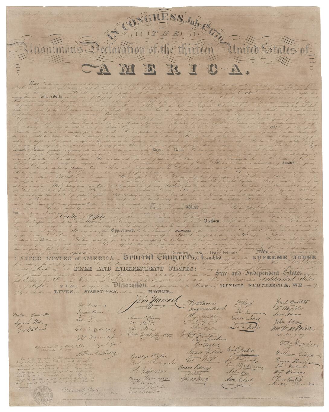An engraving of the Declaration of Independence published by engraver Benjamin Tyler.
