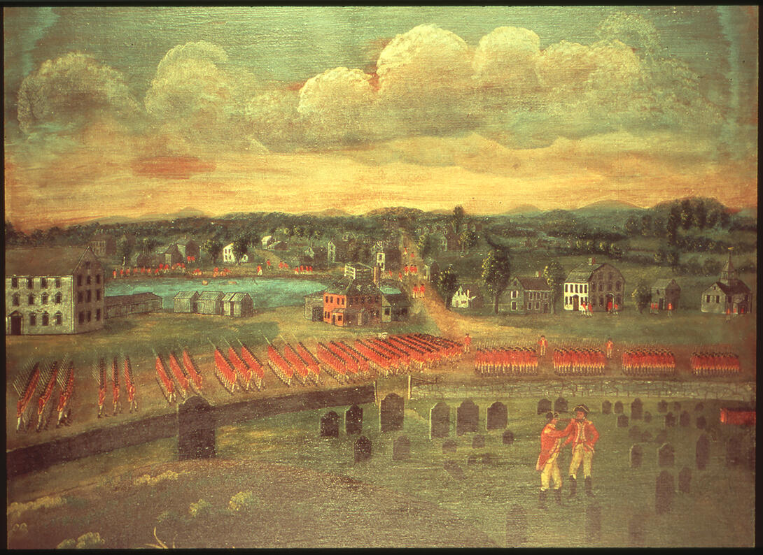 Color painting of town with soldiers in the foreground, buildings in the midground, and hills and clouds in the background.