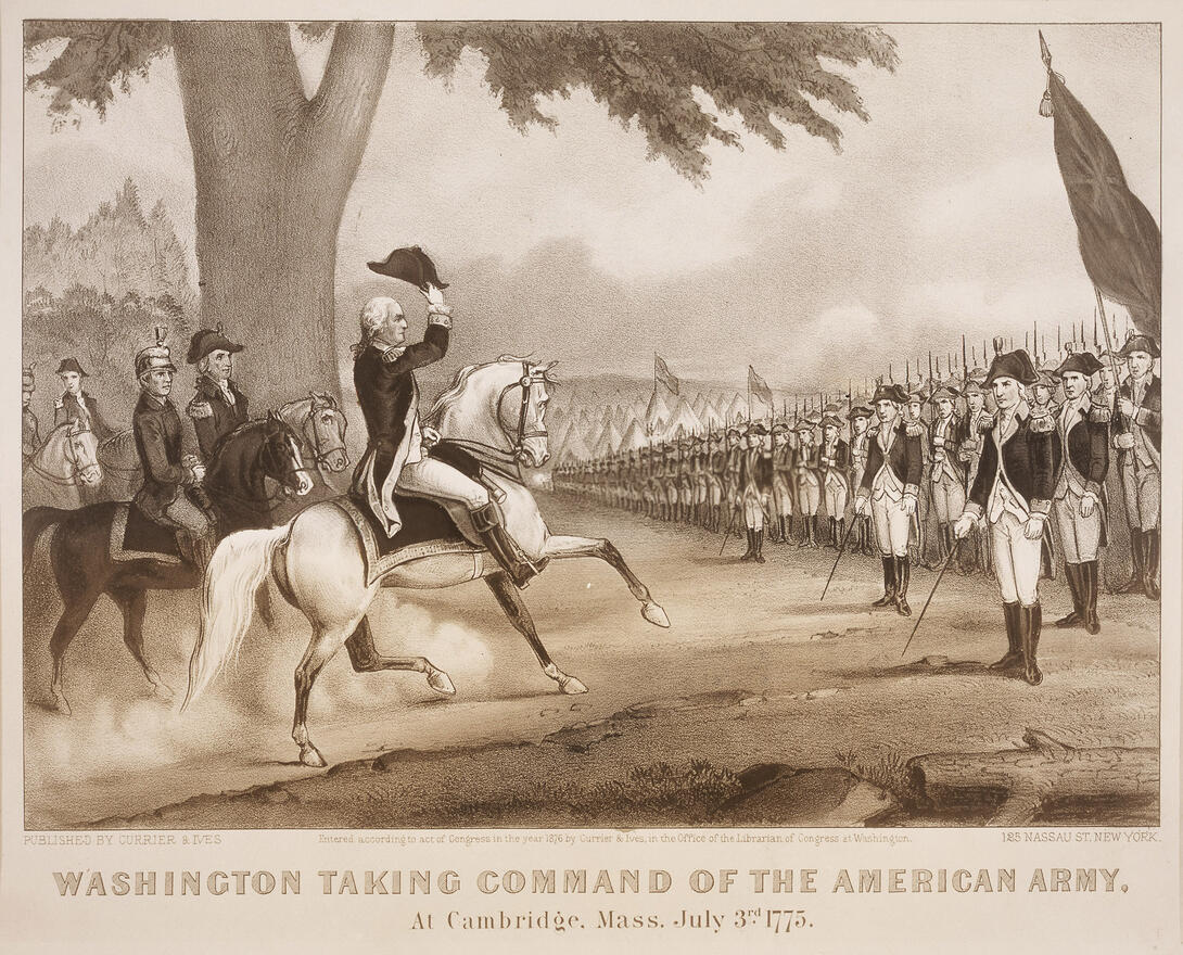 Illustration of general on horse reviewing line of troops