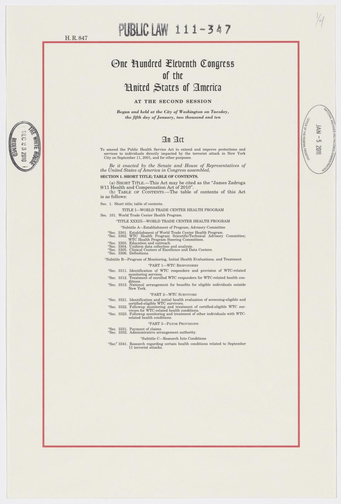James Zadroga 9/11 Health and Compensation Act