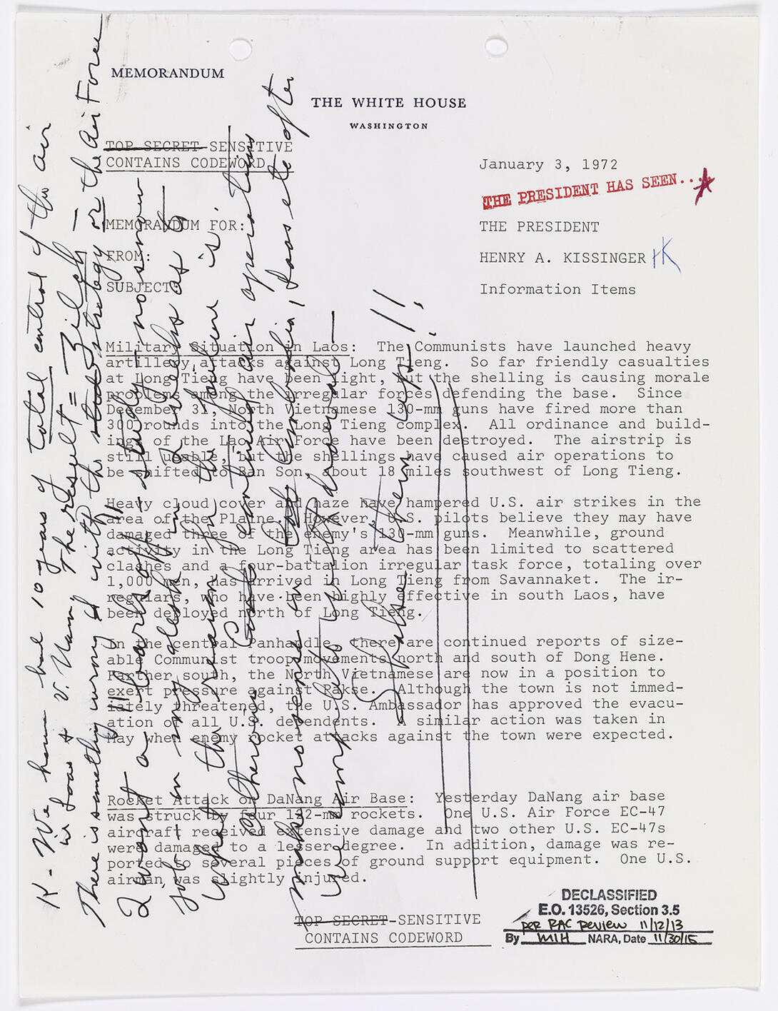 Typewritten memo with red and black stamps and handwritten text in black ink across side of document 