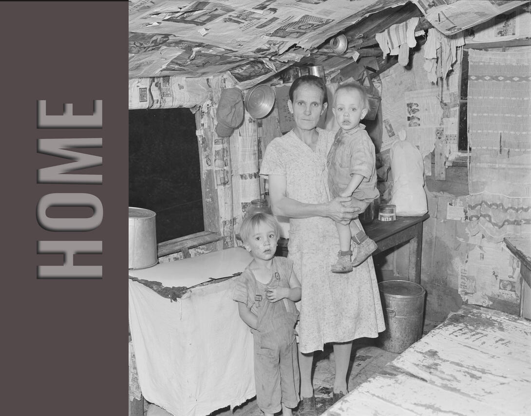 Woman and children inside house.